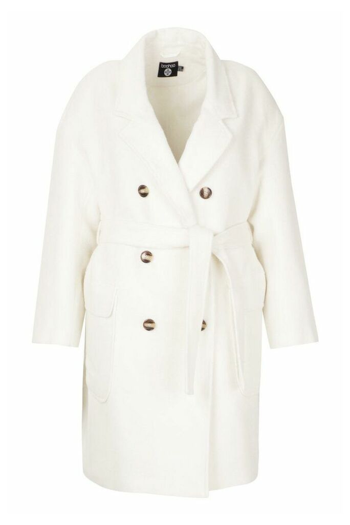 Womens Plus Wool Look Belted Button Detail Trench Coat - white - 20, White
