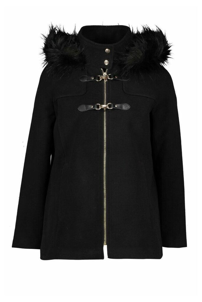 Womens Petite Faux Fur Trim Wool Look Duffle Coat - Black - 10, Black