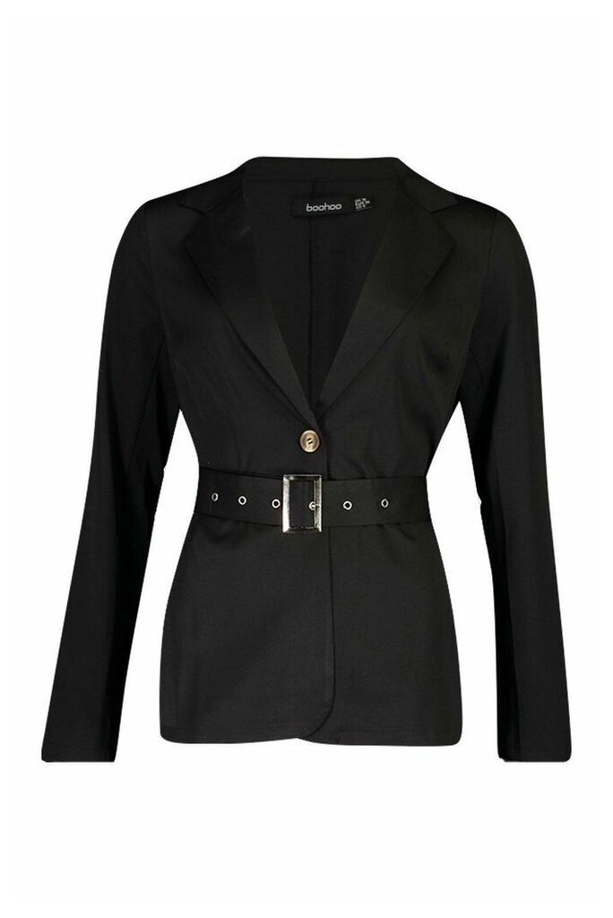 Womens Belted Tailored Blazer - black - 12, Black
