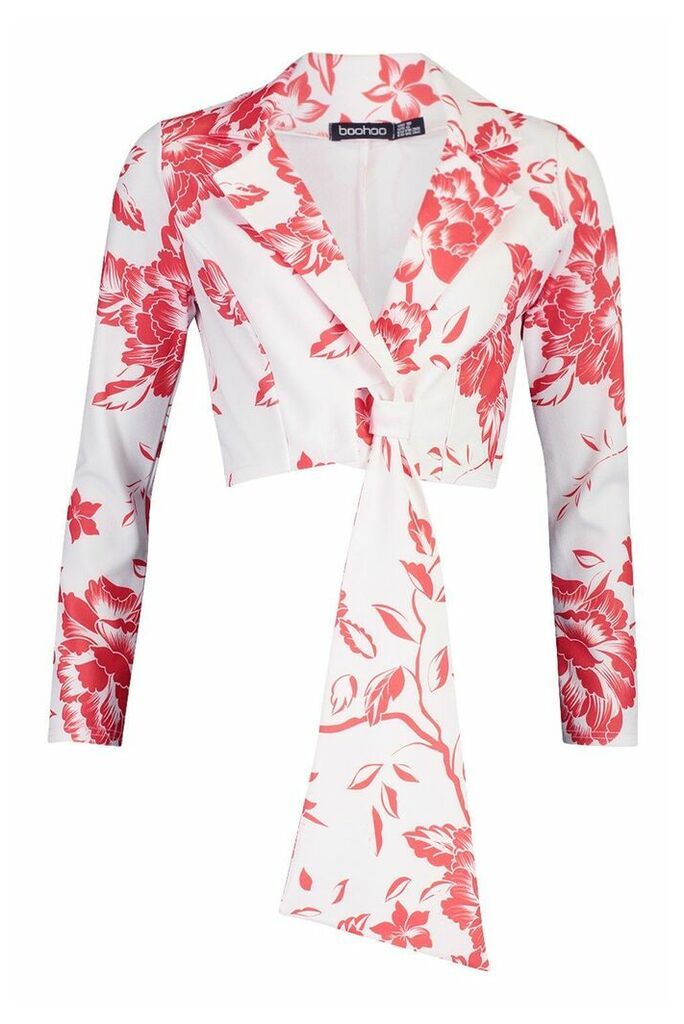 Womens Floral Print Tie Detail Cropped Blazer - red - 16, Red