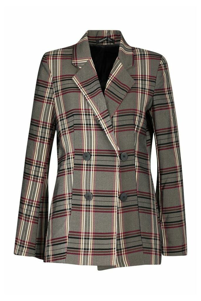 Womens Check Double Breasted Blazer - grey - 14, Grey