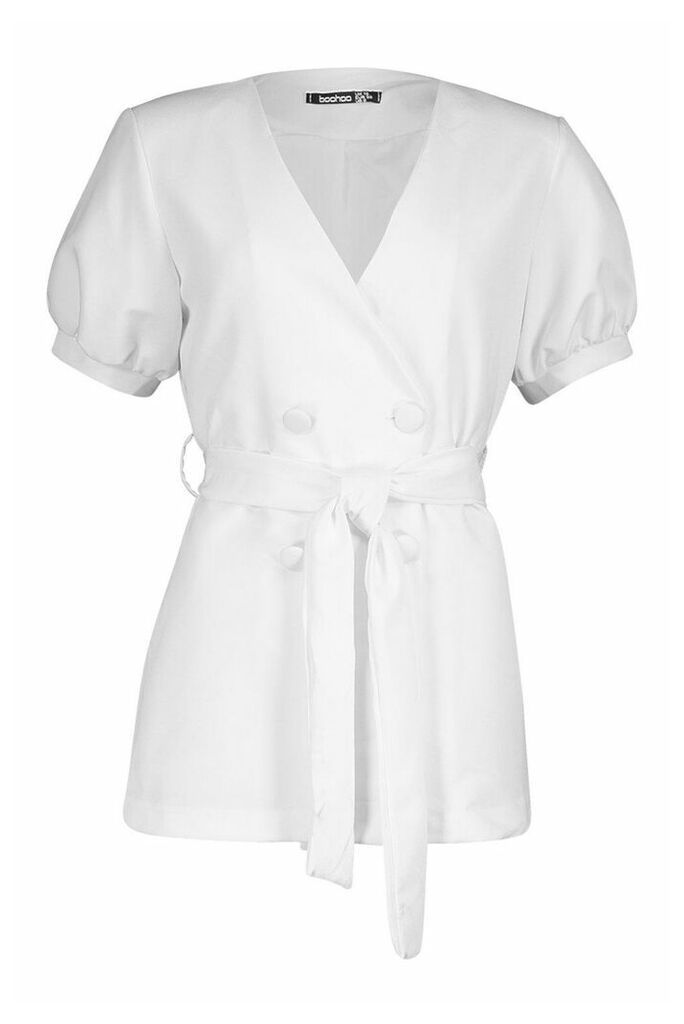 Womens Volume Sleeve Belted Blazer - white - 12, White