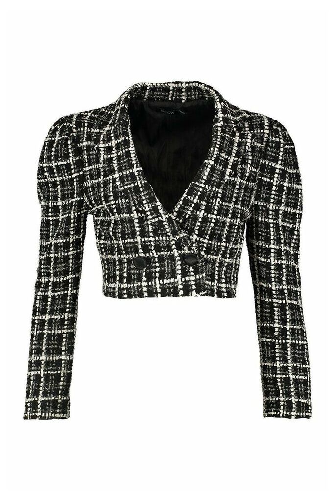 Womens Boucle Double Breasted Cropped Blazer - black - 12, Black