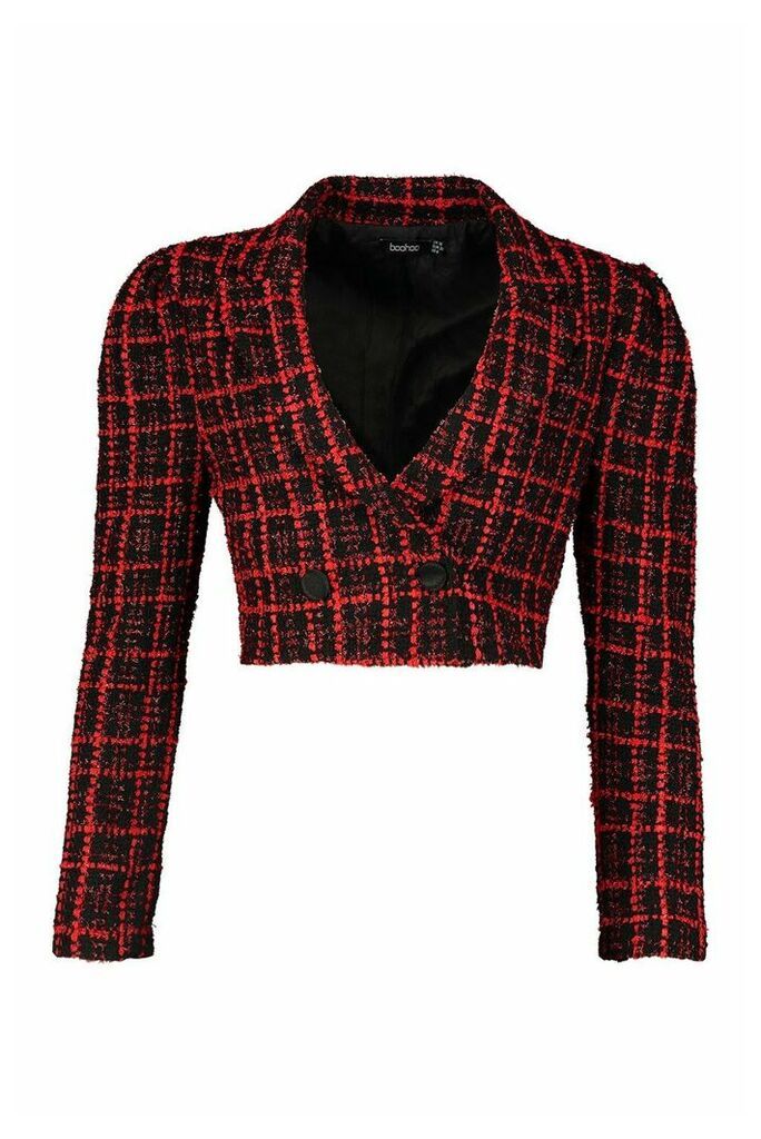 Womens Boucle Double Breasted Cropped Blazer - red - 12, Red