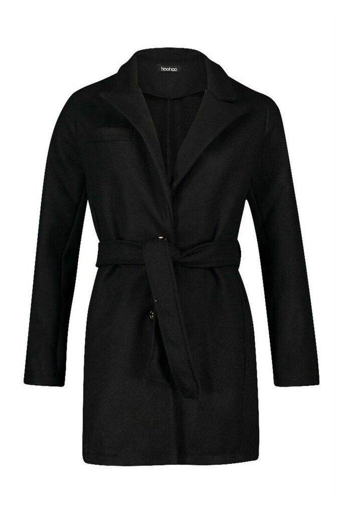 Womens Belted Wool Look Blazer Coat - black - 12, Black