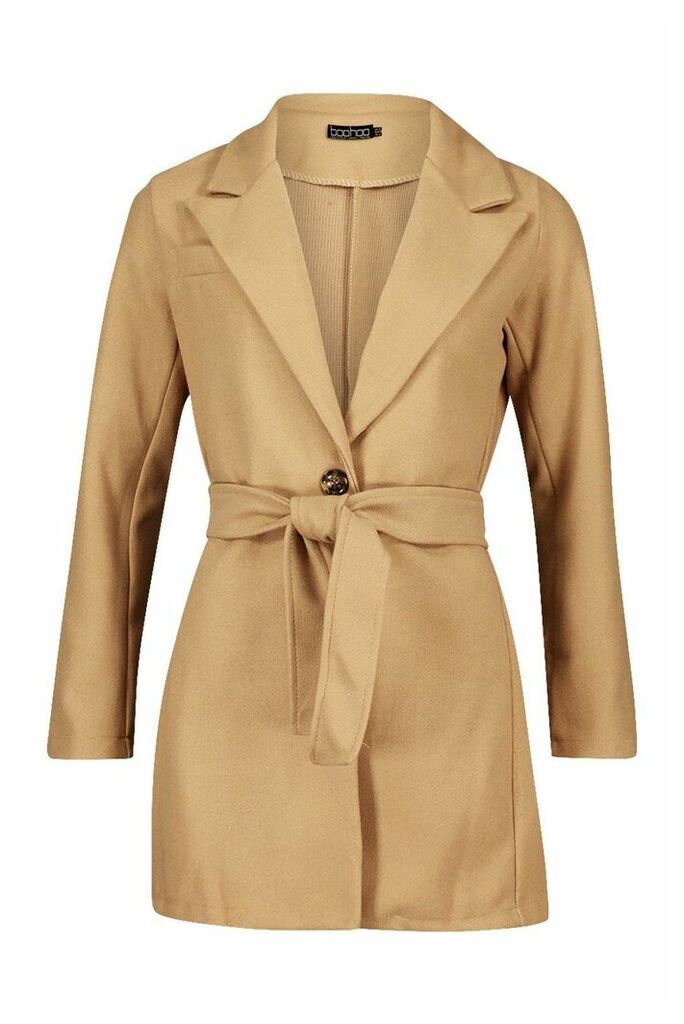 Womens Belted Wool Look Blazer Coat - beige - 12, Beige