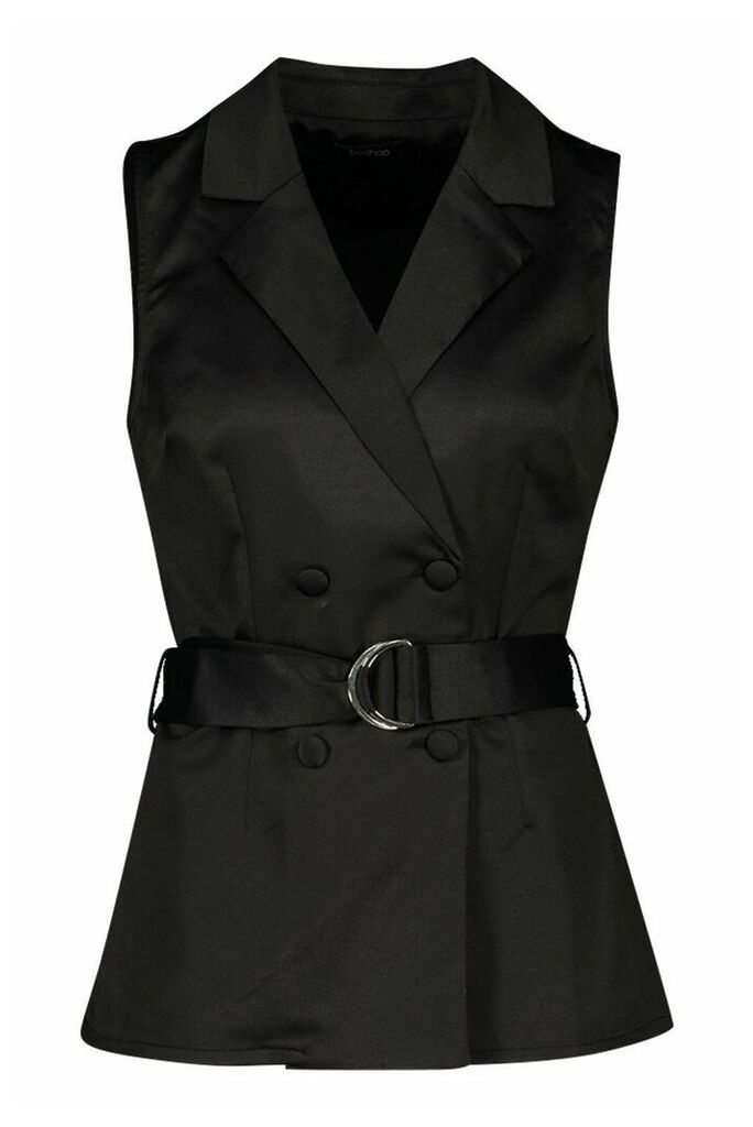 Womens Longline Satin Front Belted Blazer - black - 12, Black