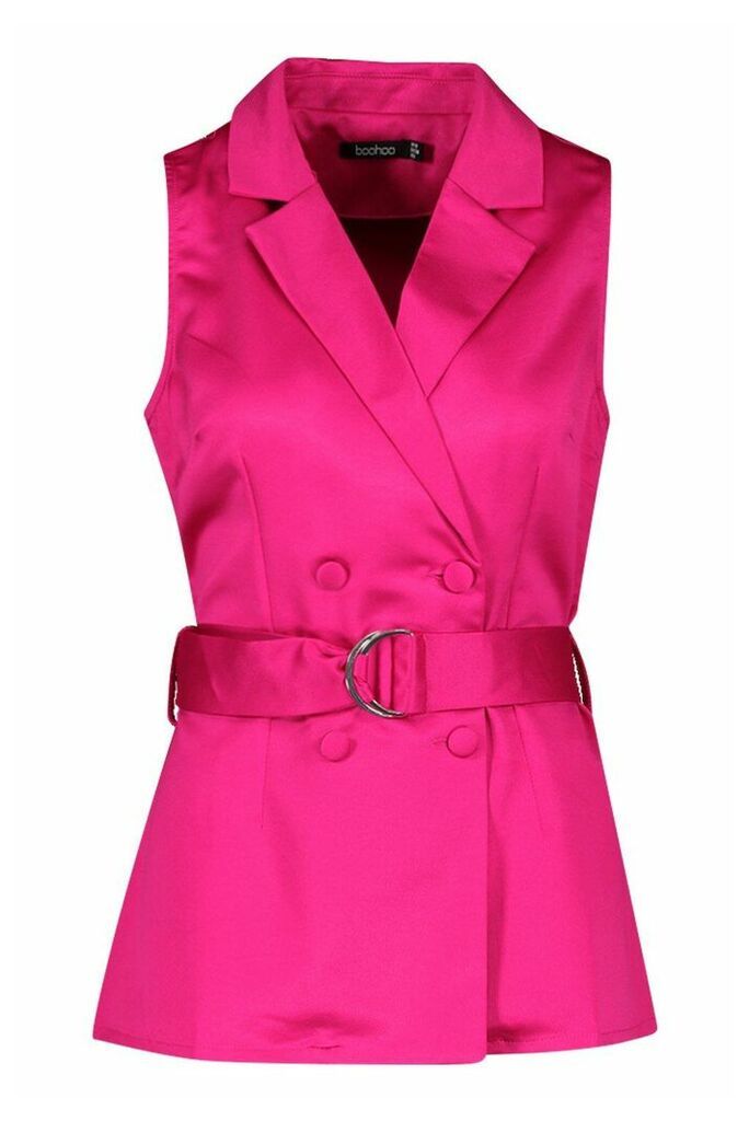 Womens Longline Satin Front Belted Blazer - pink - 10, Pink
