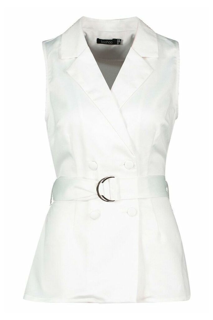 Womens Longline Satin Front Belted Blazer - white - 12, White