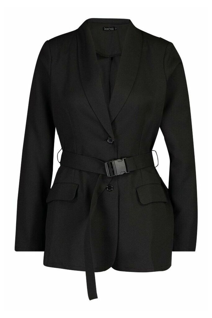 Womens Utility Buckle Detail Blazer - black - 14, Black