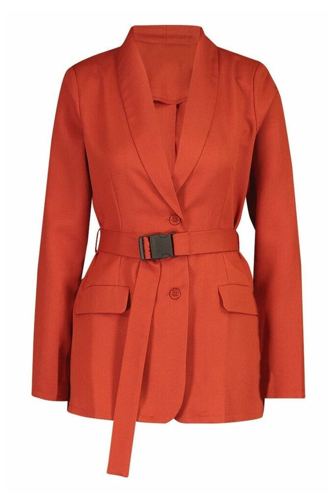 Womens Utility Buckle Detail Blazer - orange - 12, Orange