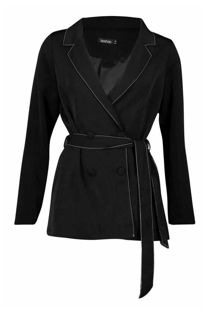 Womens Double Breasted Belted Blazer - Black - M, Black