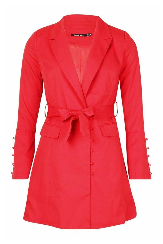 Womens Button Detail Flared Sleeve Belted Blazer - 12, Red