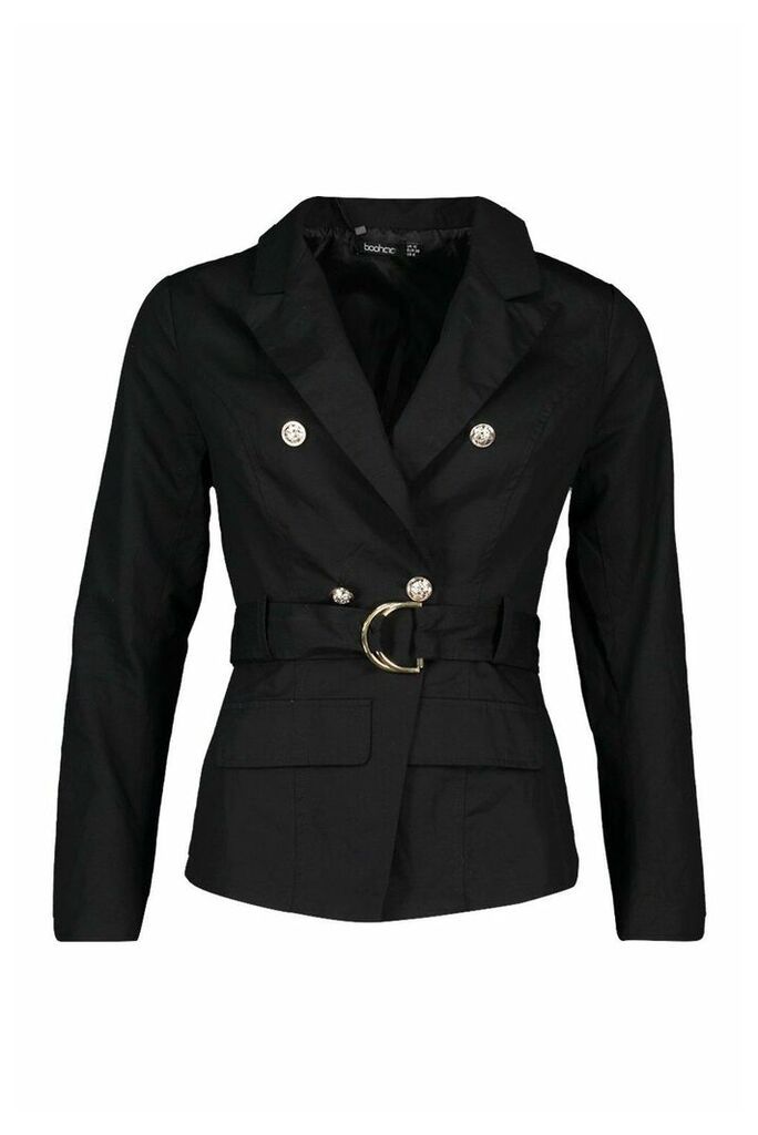 Womens Military Detail Belted Twill Blazer - black - 14, Black