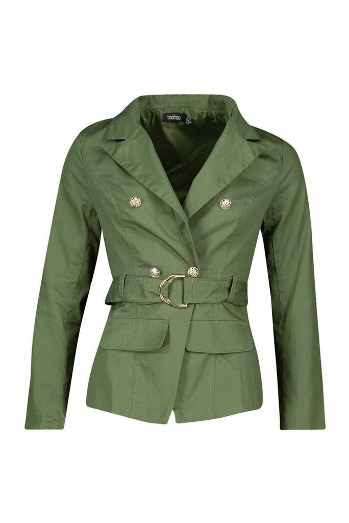 Womens Military Detail Belted Twill Blazer - green - 12, Green