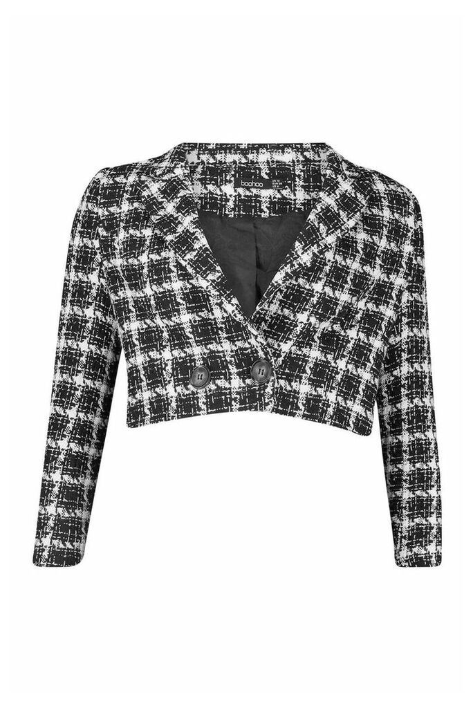 Womens Boucle Checked Double Breasted Cropped Blazer - black - 10, Black