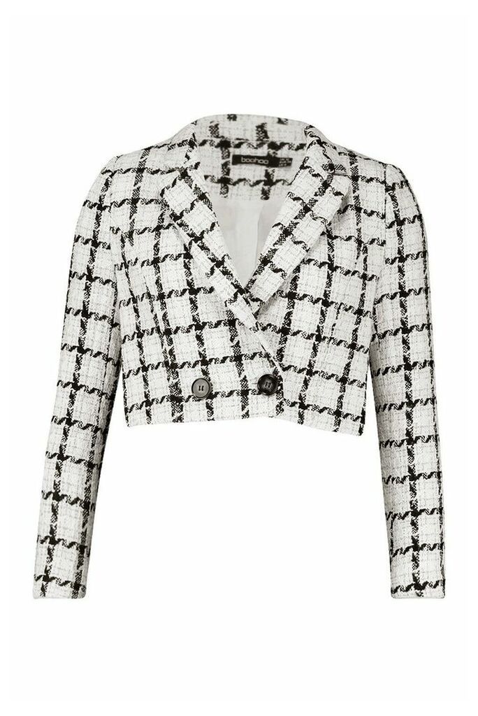 Womens Boucle Checked Double Breasted Cropped Blazer - white - 10, White