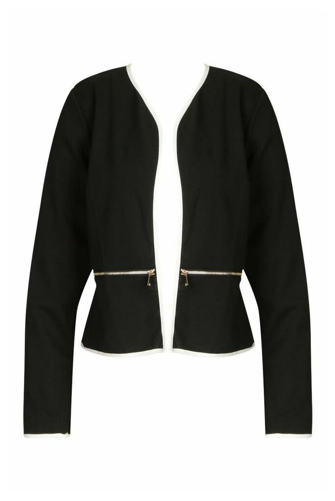 Womens Plus Contrast Piping Zip Detail Cropped Blazer - black - 20, Black