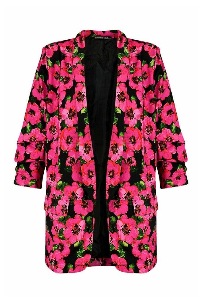 Womens Plus Floral Print Ruched Sleeve Blazer - Pink - 18, Pink
