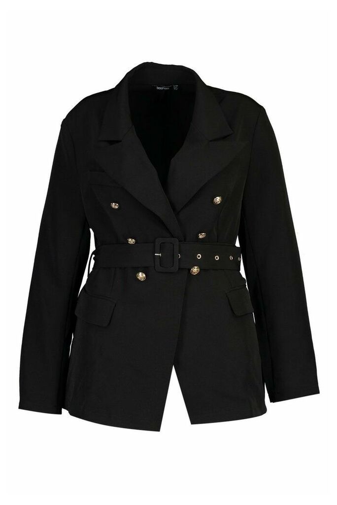 Womens Plus Premium Button Detail Belted Blazer - Black - 20, Black
