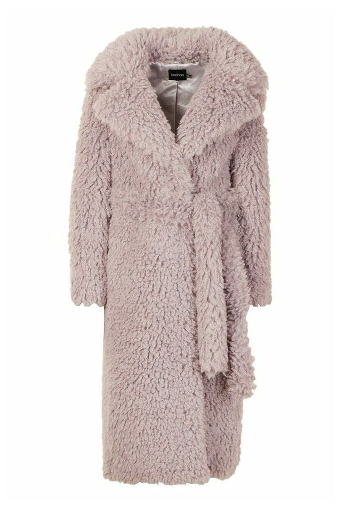 Womens Curly Faux Fur Belted Longline Coat - purple - 16, Purple