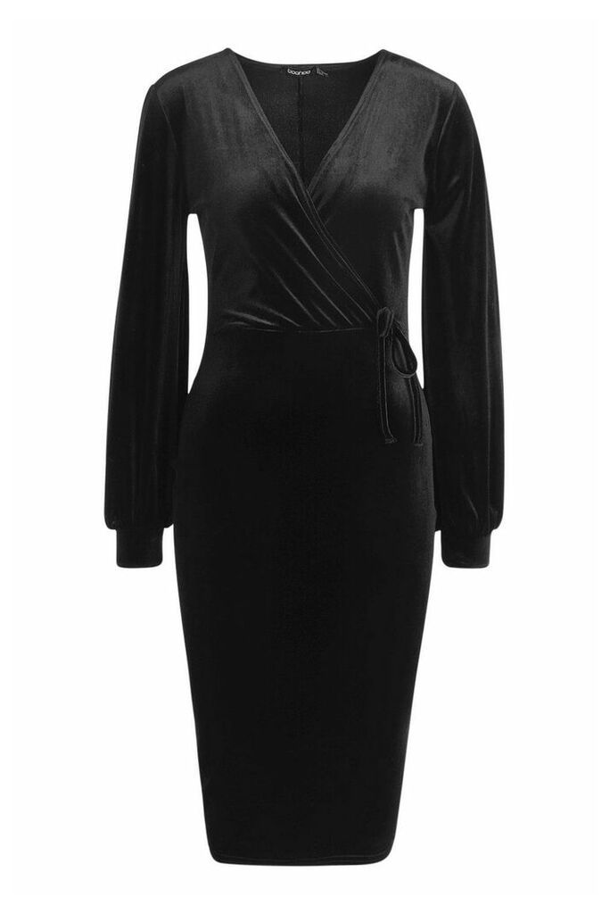 Womens Velvet Long Sleeve Bodycon Midi Dress - black - 14, Black