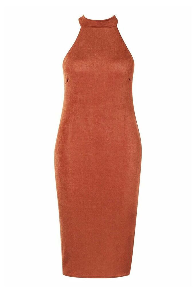 Womens Plus High Neck Textured Slinky Midi Dress - Brown - 26, Brown