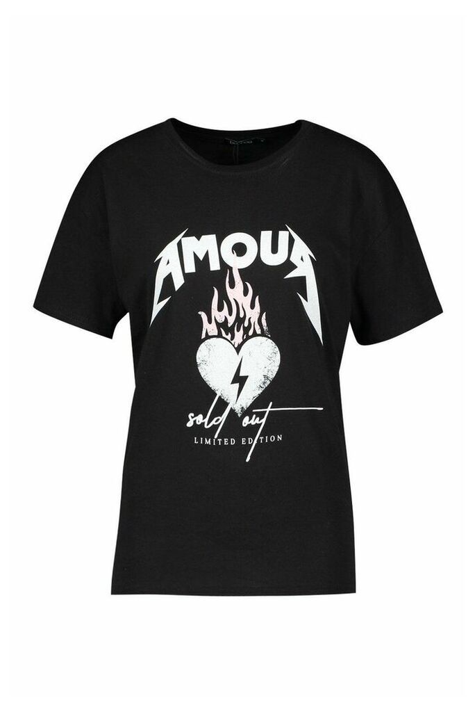 Womens Amour Heart Slogan T-Shirt - black - M, Black