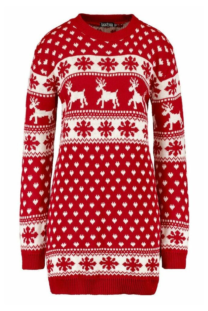 Womens Tall Reindeers & Snowman Christmas Jumper Dress - red - S/M, Red