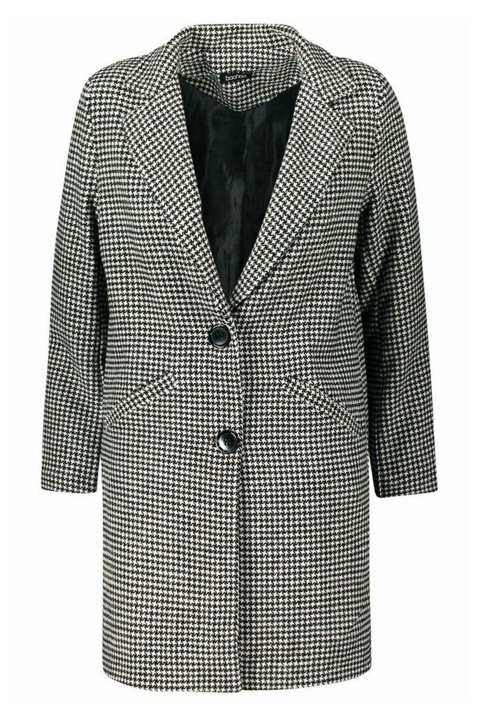 Womens Petite Dogtooth Check Oversized Wool Look Coat - Black - L, Black