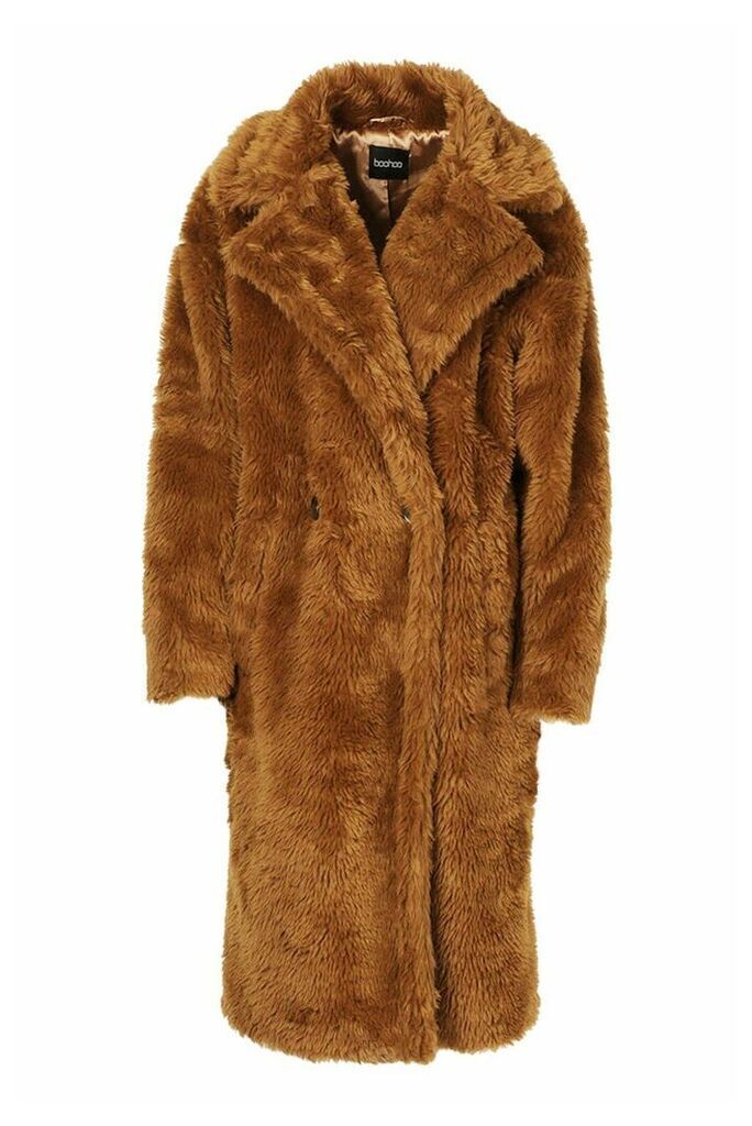 Womens Oversized Teddy Faux Fur Coat - Brown - 10, Brown