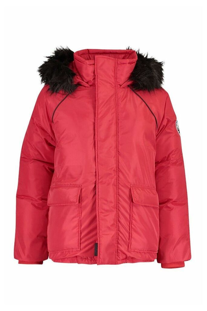Womens Faux Fur Trim Sporty Parka - red - 14, Red