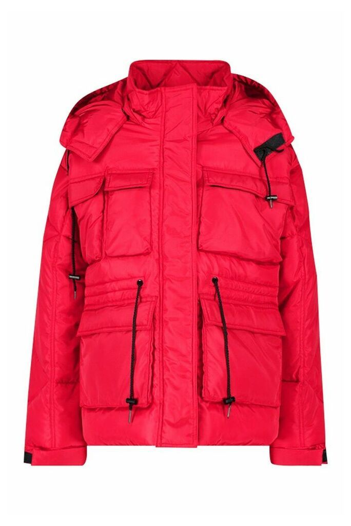 Womens Pocket Detail Sporty Parka - red - 10, Red