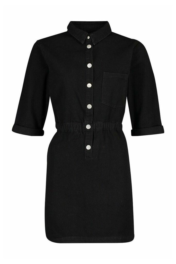 Womens Popper Front Denim Dress - Black - 6, Black
