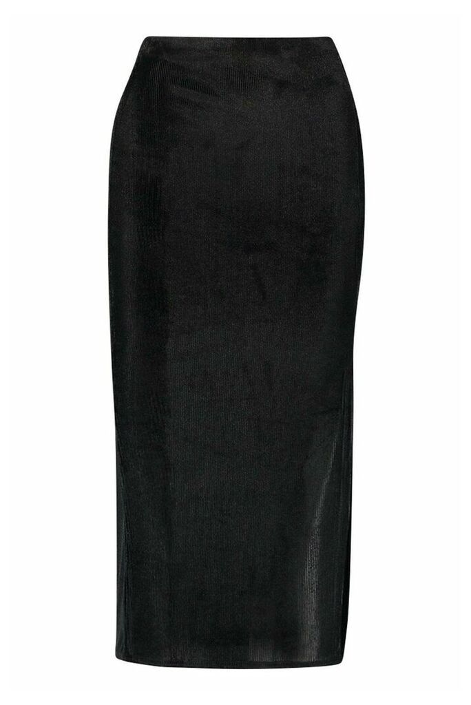 Womens Tall Thigh Split Rib Velvet Midi Skirt - Black - 14, Black