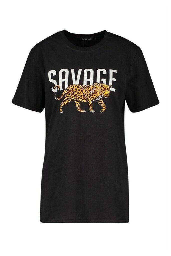 Womens Tall 'Savage' Leopard Slogan T-Shirt - black - L, Black