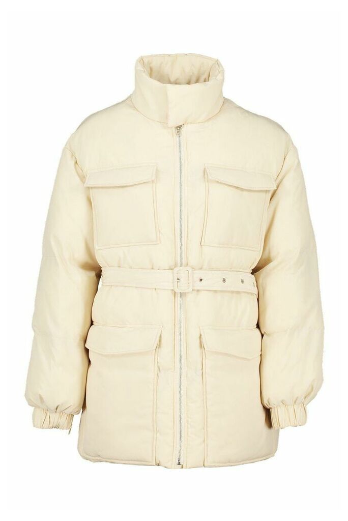 Womens Tall Belted Padded Coat - White - 16, White