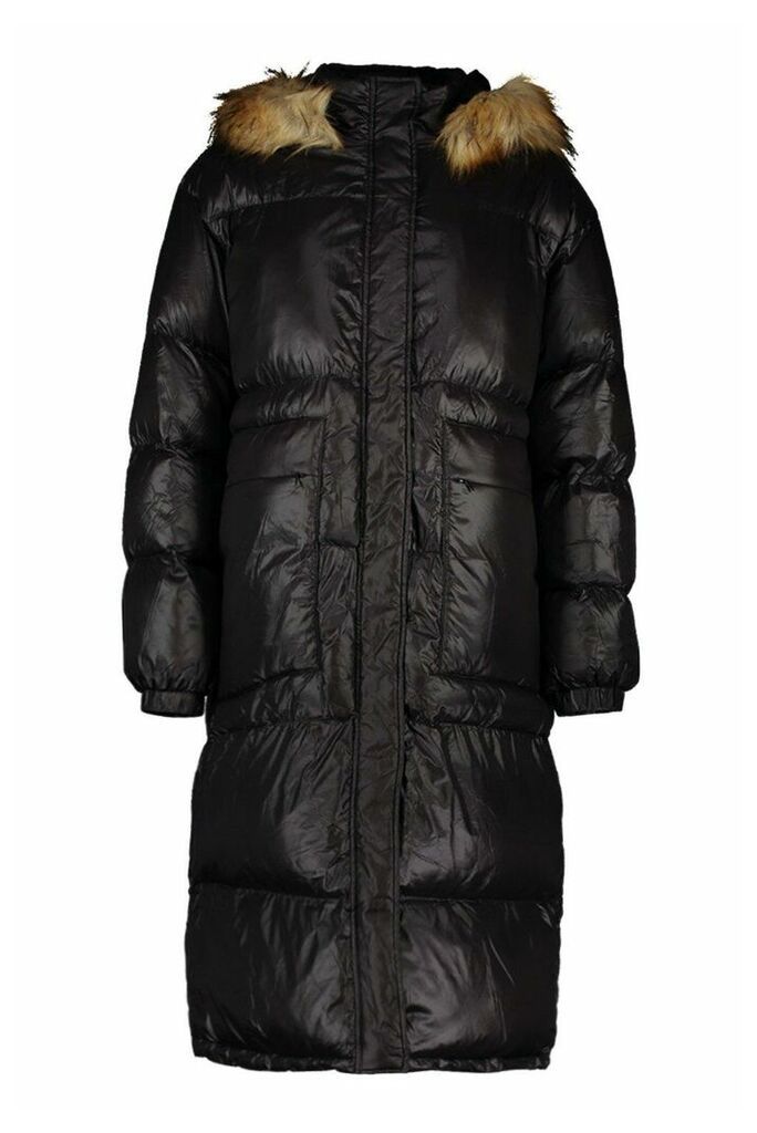 Womens Tall Longline Faux Fur Hood Padded Coat - Black - 12, Black
