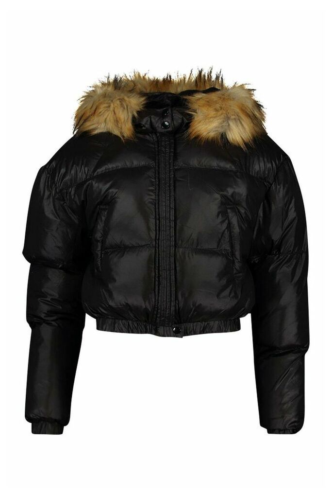 Womens Tall Faux Fur Hooded Crop Padded Coat - black - 14, Black