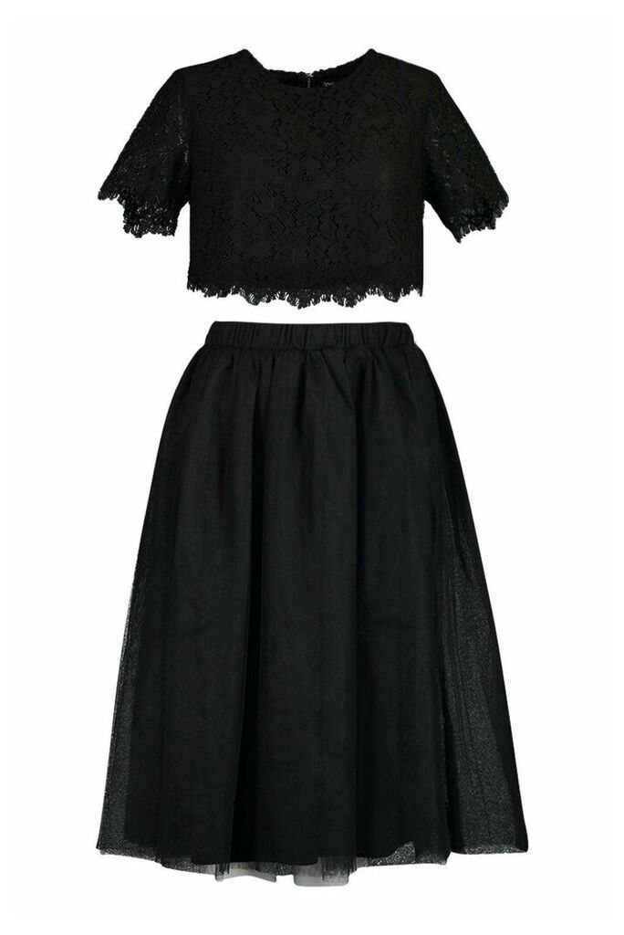 Womens Woven Lace Top & Contrast Midi Skirt Co-Ord Set - Black - 12, Black