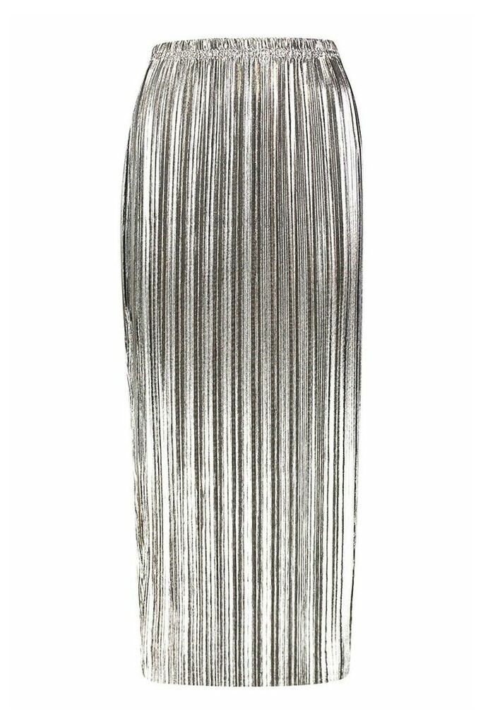Womens Metallic Plisse Midaxi Skirt - Grey - 14, Grey
