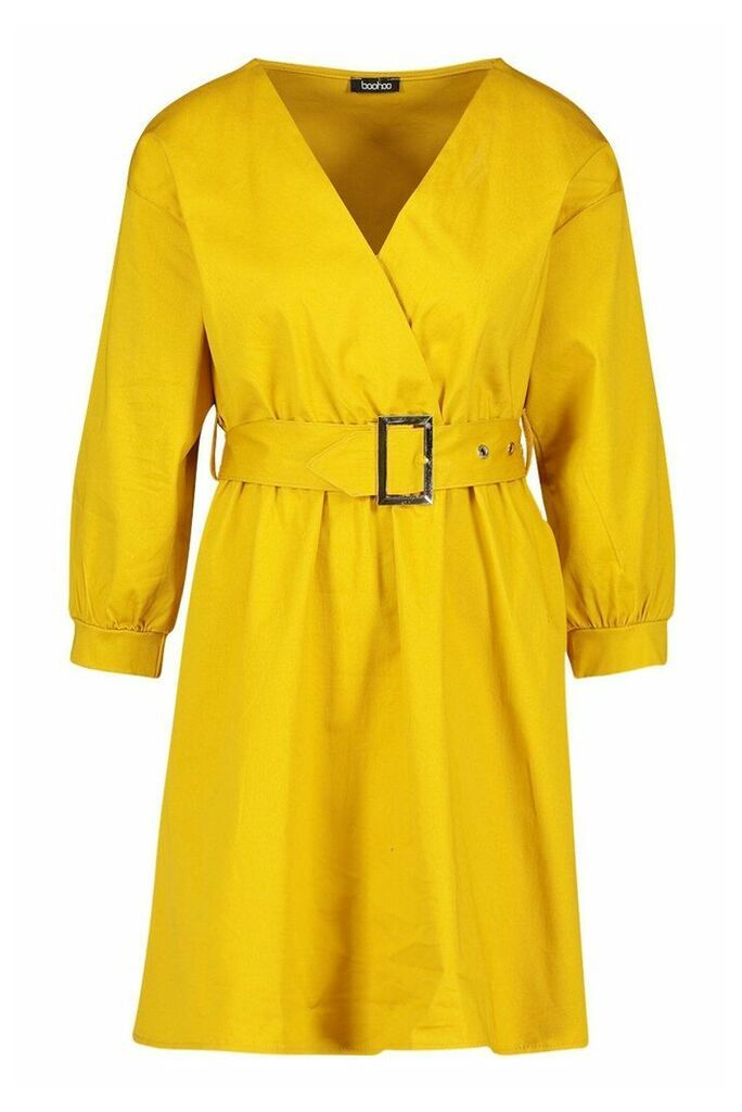 Womens Woven Belted Wrap Mini Dress - yellow - 14, Yellow