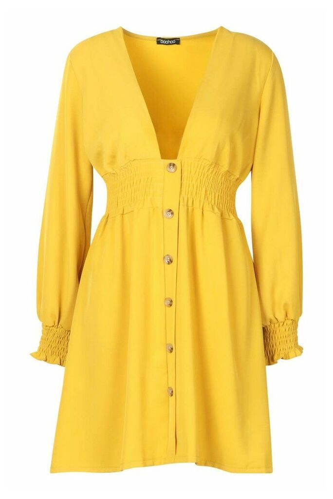 Womens Woven Plunge Button Through Shift Dress - yellow - 14, Yellow