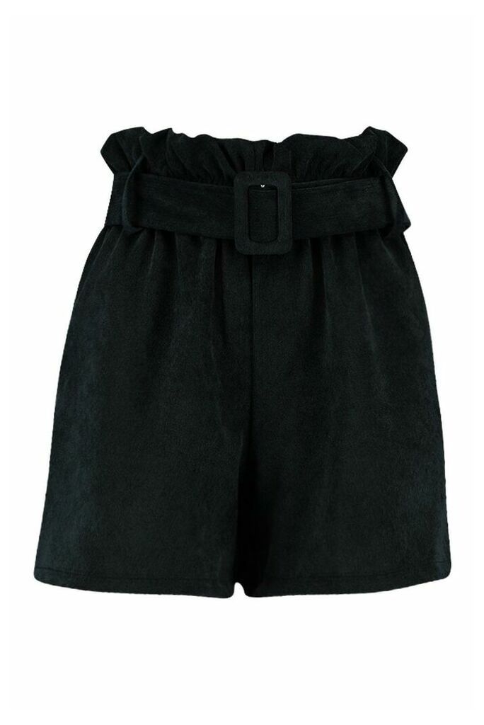 Womens Cord Paperbag Waist Shorts - black - 10, Black