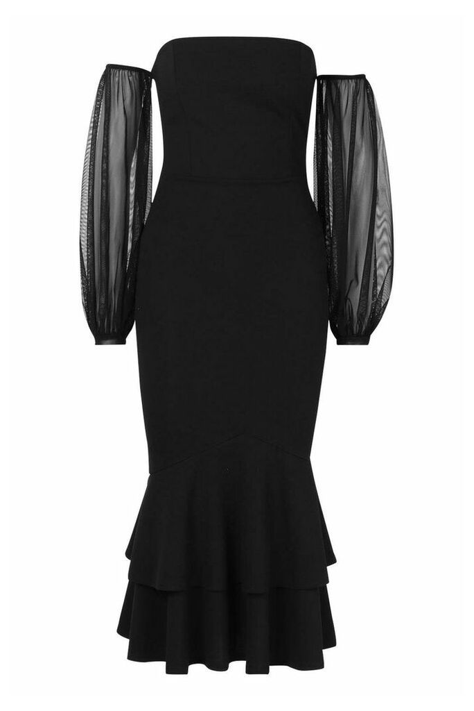 Womens Off Shoulder Mesh Sleeve Fishtail Midi Dress - black - 14, Black