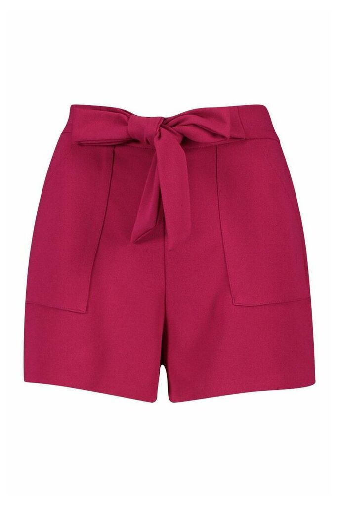 Womens Pocket Detail Tie Waist Tailored Short - pink - 16, Pink