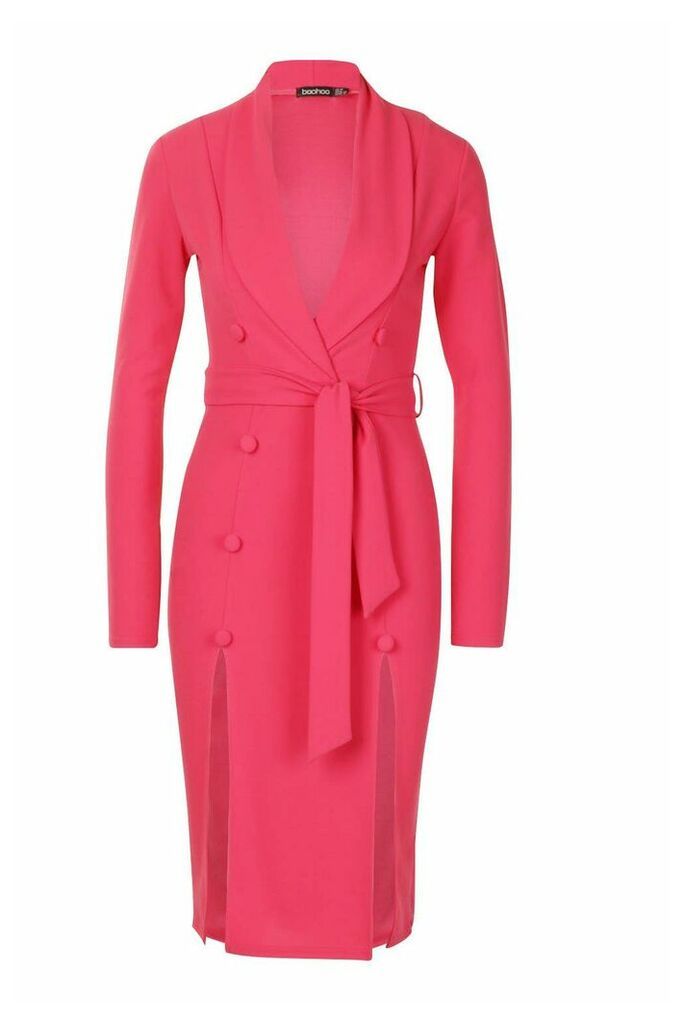 Womens Button Detail Belted Midi Blazer Dress - Pink - 12, Pink