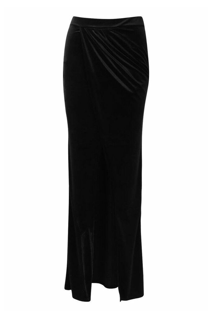 Womens High Waist Wrap Front Velvet Maxi Skirt - black - 12, Black