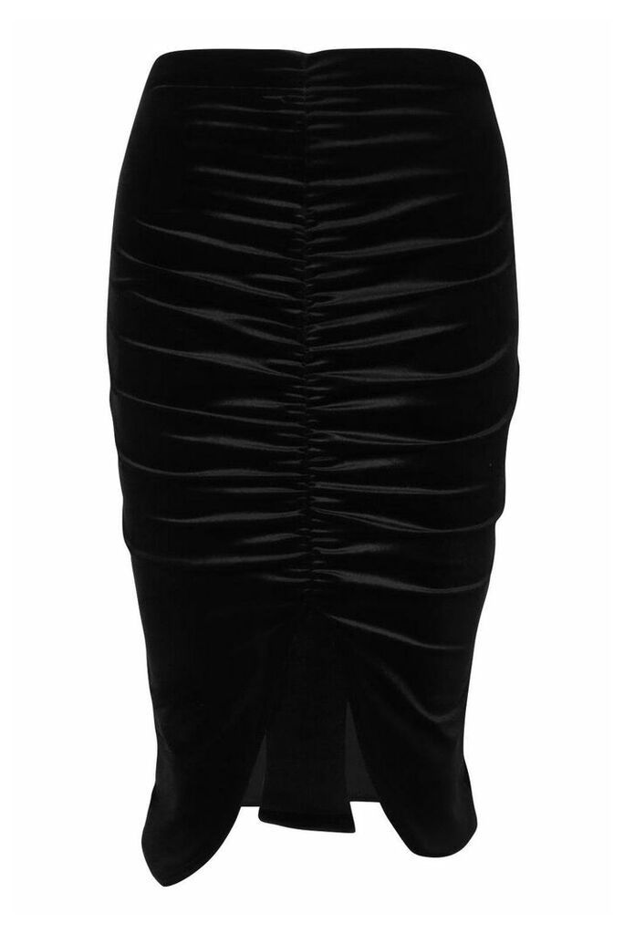 Womens Ruched Front Velvet Midi Skirt - black - 14, Black