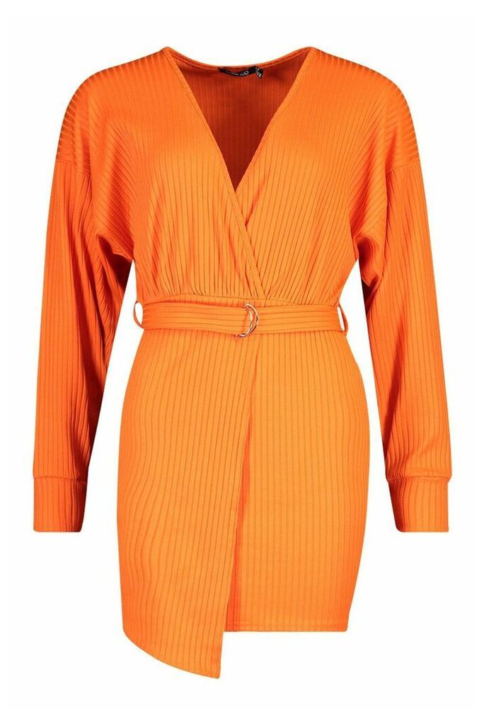 Womens Wrap Detail Jumbo Rib Midi Dress - orange - 8, Orange